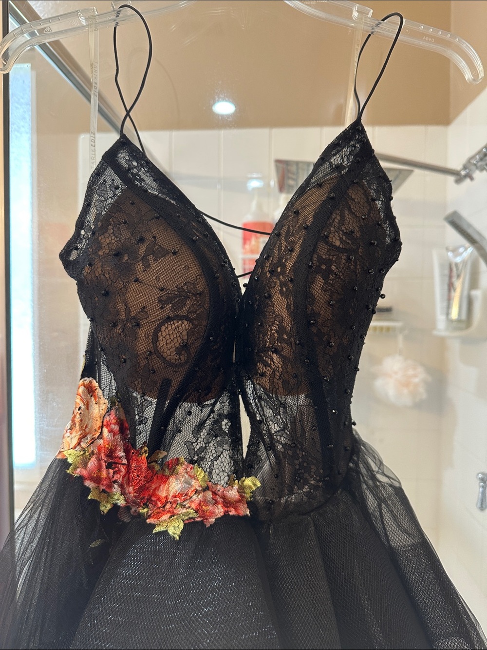 Tarik Ediz Black Floral Lace Strapless Evening Gown - Picture 3 of 8